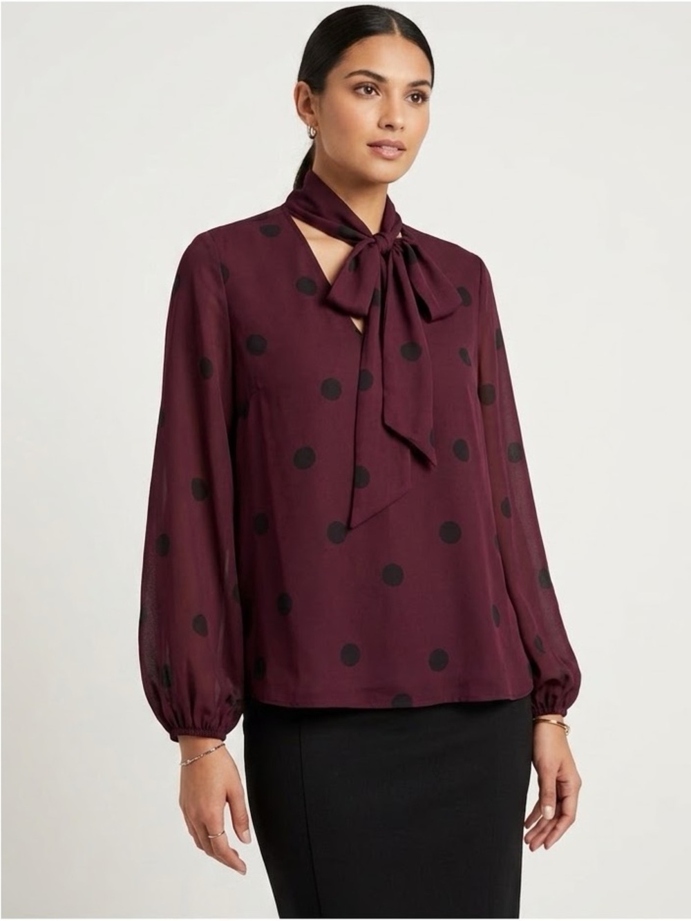 Worthington Plum Polka Dot Bow Tie Blouse